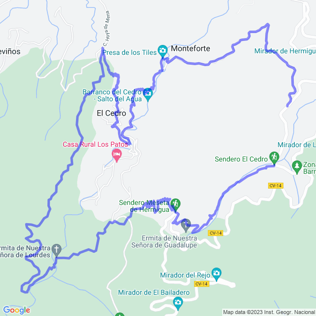 Hiking map of the trail footpath: Hermigua/Los Tiles - El Cedro - Pista Los Aceviños - Ermita de Lourdes - La Meseta - El Rejo