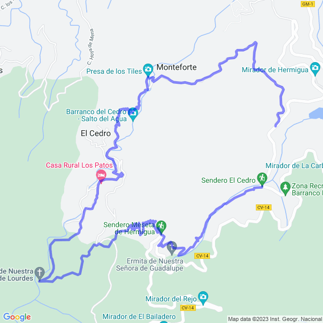Carte du sentier de randonnée: Hermigua/Los Tiles-El Cedro-Ermita Lourdes-La Meseta-El Rejo
