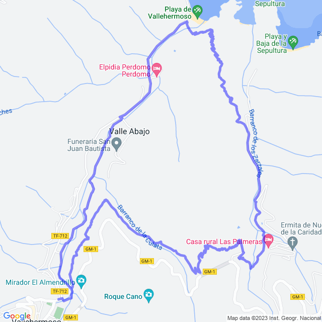 Hiking map of the trail footpath: Vallehermoso - Tamargada - Playa de Vallehermoso - Vhso