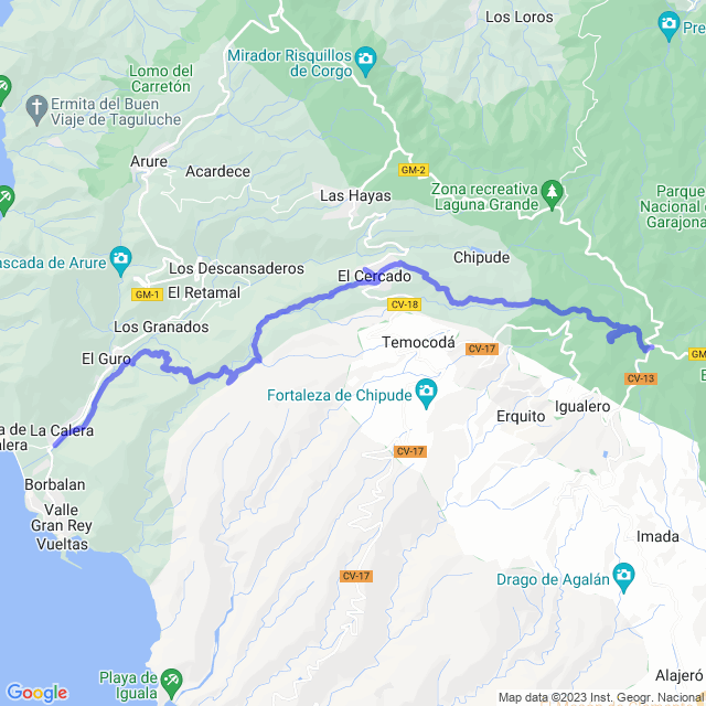 Mapa del sendero: Valle Gran Rey/La Calera - Ermita de los reyes - Degollada del Serrillal - El Cercado - Los Manantia