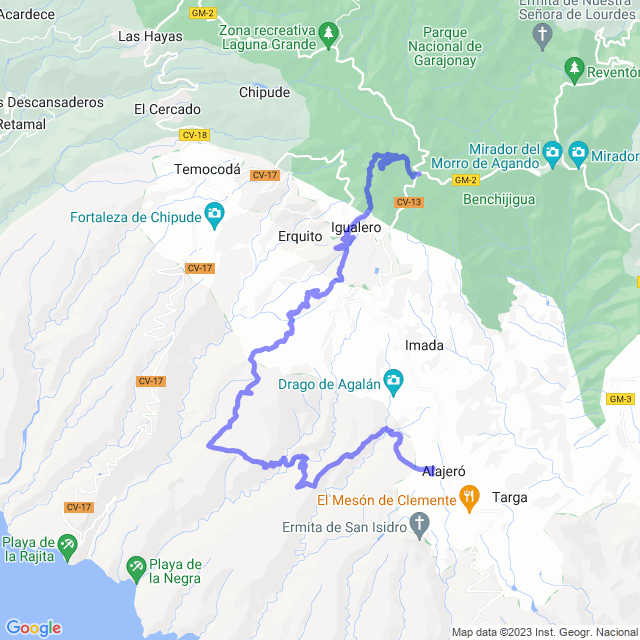 Hiking map of the trail footpath: Parque/Pajaritos - Alto Garajonay - Igualero - Erquito - El Drago - La Manteca - Magaña - Ala
