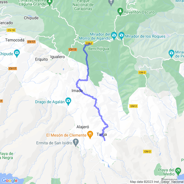 Hiking map of the trail footpath: Parque/Tajaque - Imada -Guarimiar - Targa - Antoncojo