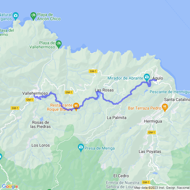 Hiking map of the trail footpath: Agulo - Abrante - Juego de Bolas - Las Rosas . Cruz de Tierno - Roque Cano - Vallehermoso