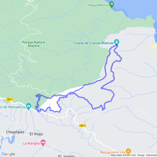 Carte du sentier de randonnée: San Seb/Las Casetas - Laguerode - Cuevas Blancas - Laguerode - Las Casetas