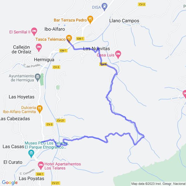 Hiking map of the trail footpath: Hermigua/Los Baranquillos - Los Álamos - Las Poyatas - Hermigua