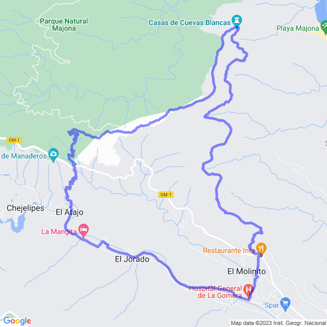 Hiking map of the trail footpath: San Seb/El Molinito - Aluse - Cuevas Blancas - Laguerode - Las Casetas - El Atajo - Hospital - El Mo