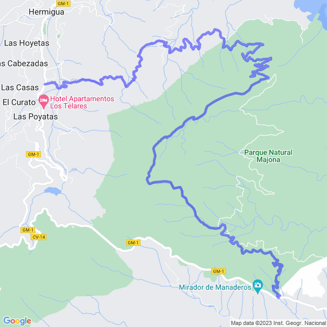 Carte du sentier de randonnée: Hermigua/La Cerca - Las Poyatas - Los Álamos - Montoro - El Palmar - Enchereda - Las Casetas