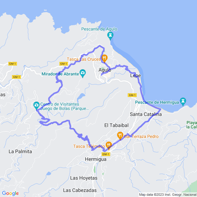Hiking map of the trail footpath: Hermigua - El Serrillal - La Bica - Juego de Bolas - El Roquillo - Agulo - Lepe - Hermigua