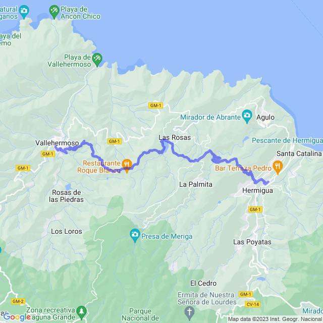 Mapa del sendero: Hermigua - El Serrillal - La Bica - Juego de Bolas - Presa de Las Rosas - Cruz de Tierno - Roque Can