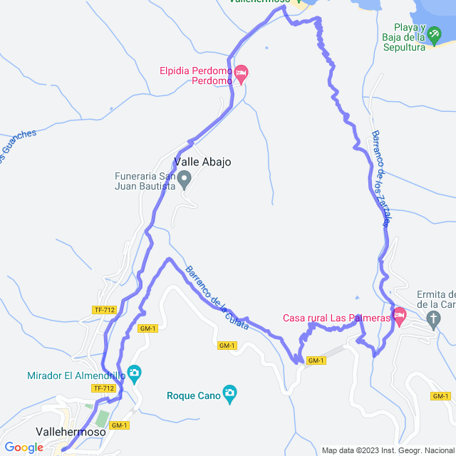 Carte du sentier de randonnée: Vallehermoso - Playa - Tamargada - Vallehermoso