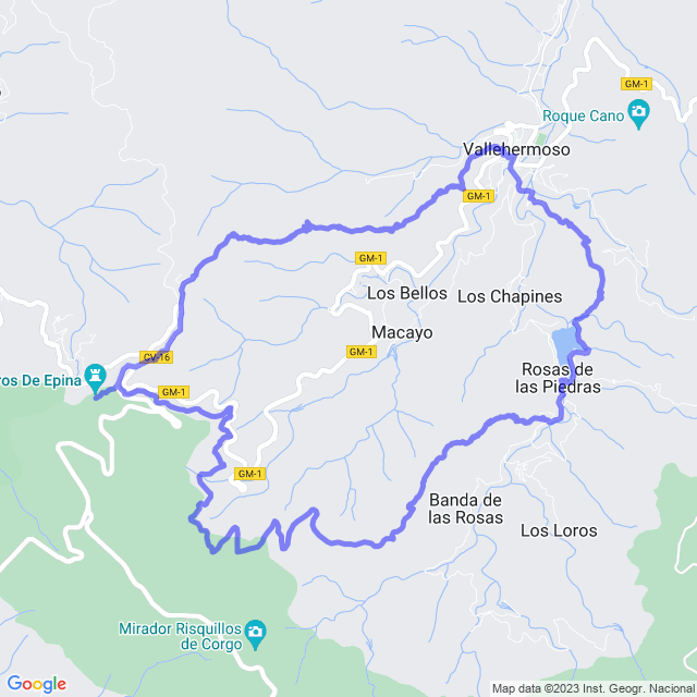 Hiking map of the trail footpath: Vallehermoso - Chorros de Epina - Bco Seco - Presa de la Encantadora - Vhso