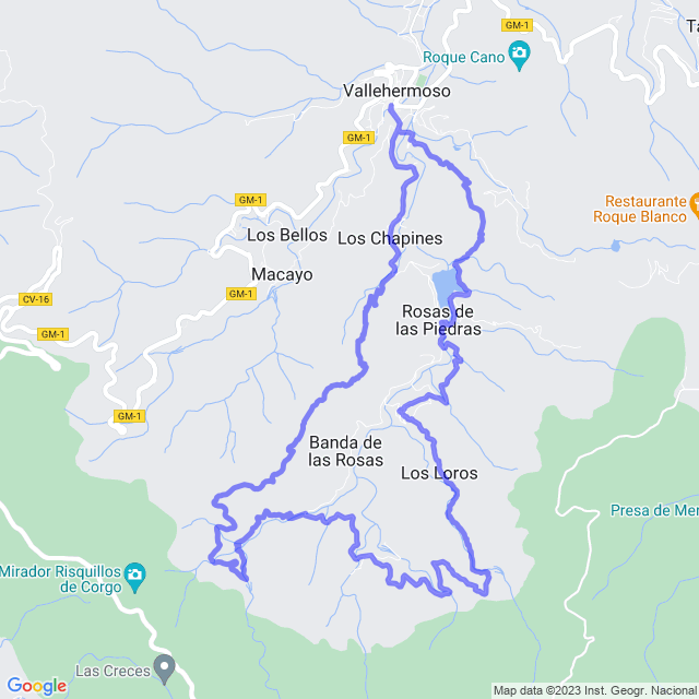 Hiking map of the trail footpath: Vallehermoso - Presa los Gallos - Presa Marichal - Banda de Las Rosas - La Encantadora - Vhso
