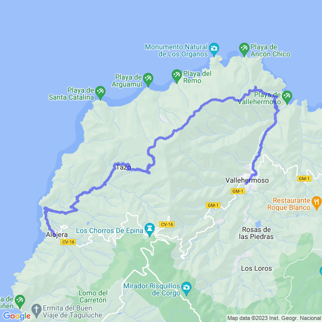 Hiking map of the trail footpath: Vallehermoso - Playa - Pta de Alcalá - Sta Clara - Tazo - Playa del Trigo - Alojera