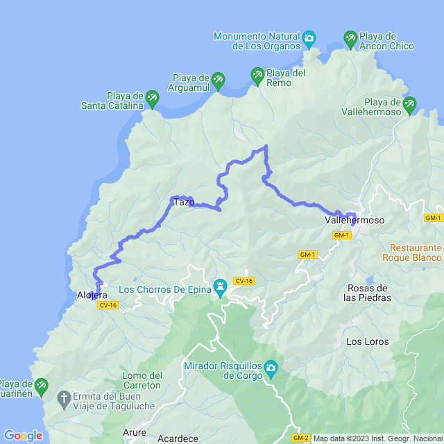 Carte du sentier de randonnée: Vallehermoso - Sta Clara - Tazo - Alojera