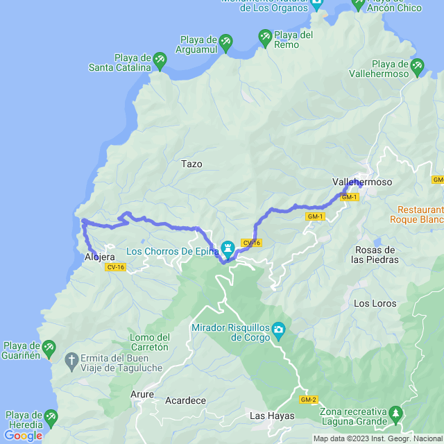 Carte du sentier de randonnée: Vallehermoso - Chorros de Epina - Playa del Trigo - Alojera