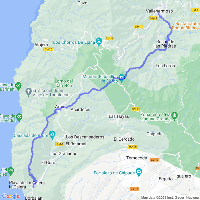 Mapa del sendero: Vallehermoso - La Encantadora - Raso de la Bruma - Cañada Jorge - Arure - La Merica - Valle G