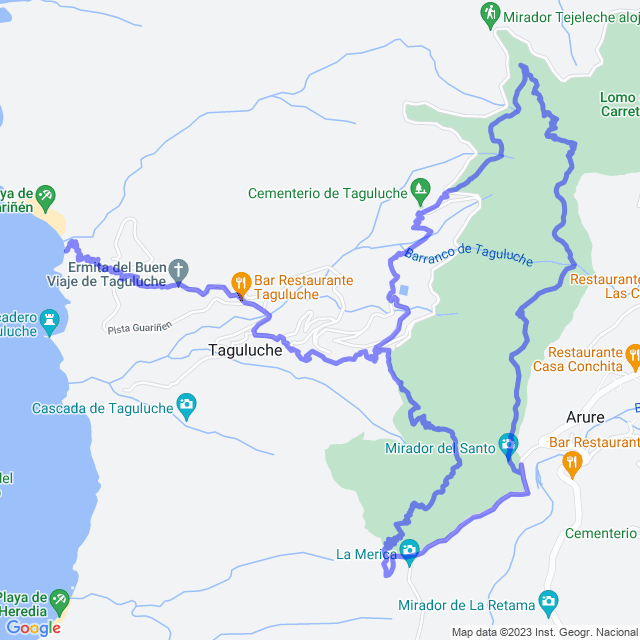 Hiking map of the trail footpath: Arure - Taguluche - Playa de Guariñen - Taguluche - Arure