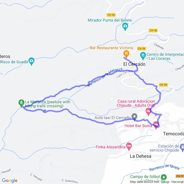 Hiking map of the trail footpath: El Cercado - La Matanza - Chipude - El Cercado