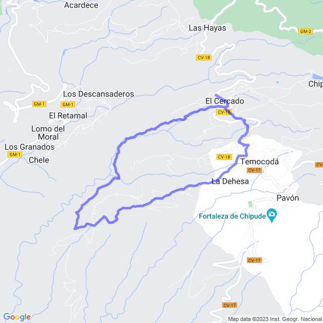 Hiking map of the trail footpath: El Cercado - La Matanza - Ermita de Guará - Gerián - Chipude - El Cercado