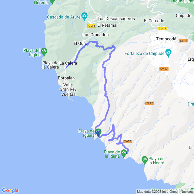 Hiking map of the trail footpath: Valle Gran Rey - Los Reyes - Ermita de Guará - Bco de Iguala - La Dama 