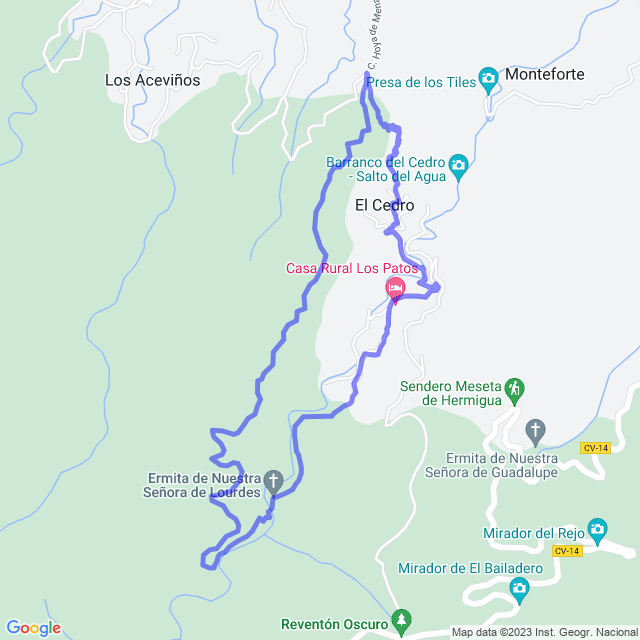 Mapa del sendero: Parque/El Cedro - Ermita de Lourdes - Pista de Los Aceviños - El Cedro
