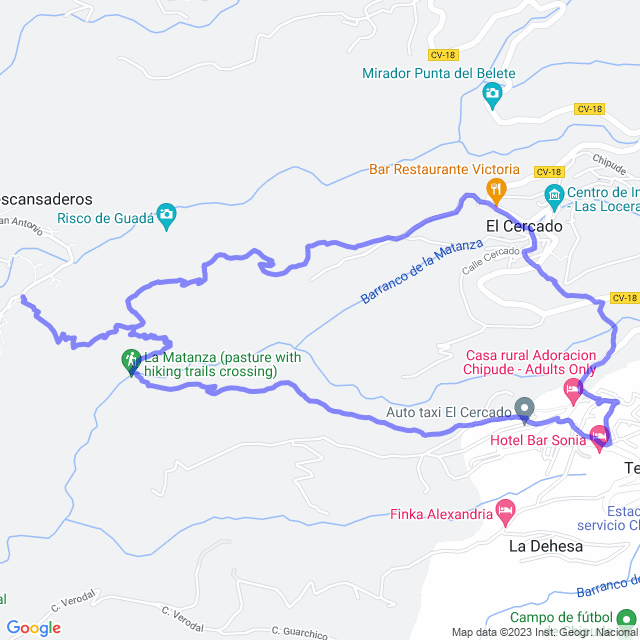 Hiking map of the trail footpath: Valle Gran Rey/La Vizcaina - La Matanza - Chipude - El Cercado - La Vizcaina