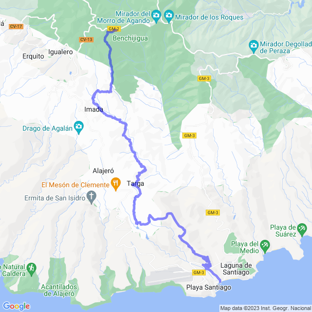 Hiking map of the trail footpath: Parque/Tajaque - Imada - Guarimiar - Targa - Antoncojo - Playa Santiago