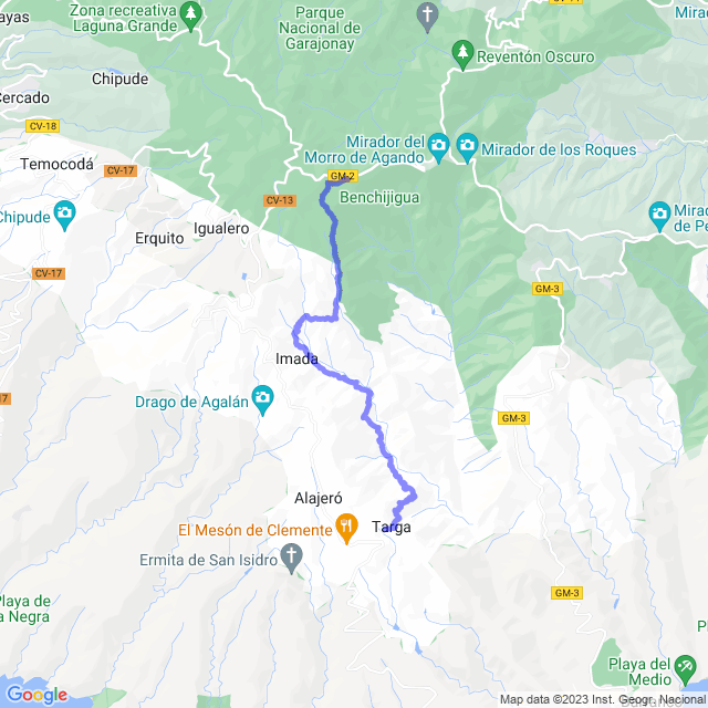 Hiking map of the trail footpath: Parque/Tajaque - Imada -Guarimiar - Targa