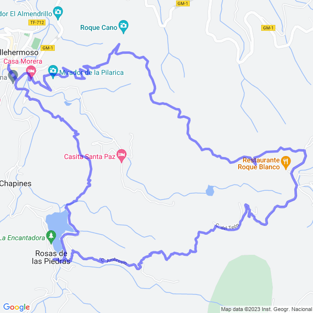 Hiking map of the trail footpath: Vallehermoso - La Encantadora - Ambrosio - Cruz de Tierno - Roque Cano - Vallehermoso