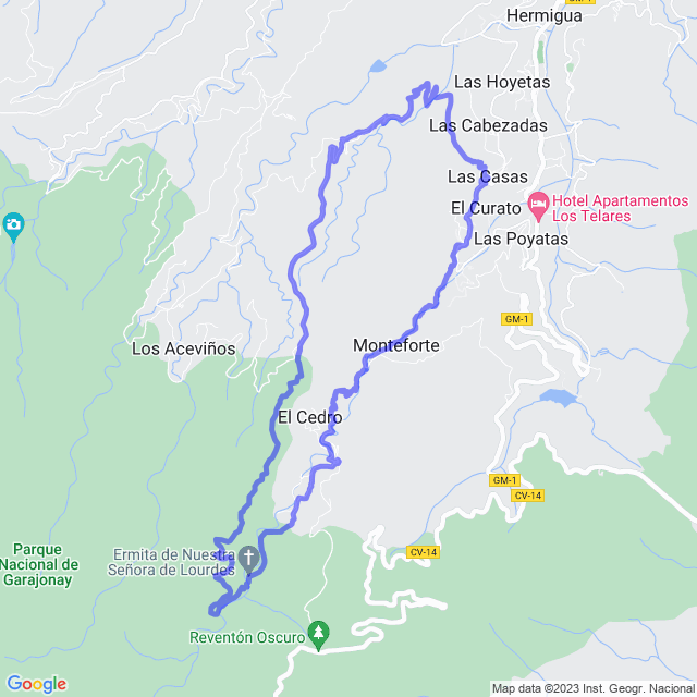 Hiking map of the trail footpath: Hermigua/El Estanquillo-El Cedro-Ermita-Las Mimbreras-Pista Don Mario-El Corralete-El Estanquillo