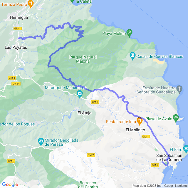 Mapa del sendero: San Sebastián - Laguerode - Enchereda - El Palmar - Montoro - Los Álamos - Hermigua/La