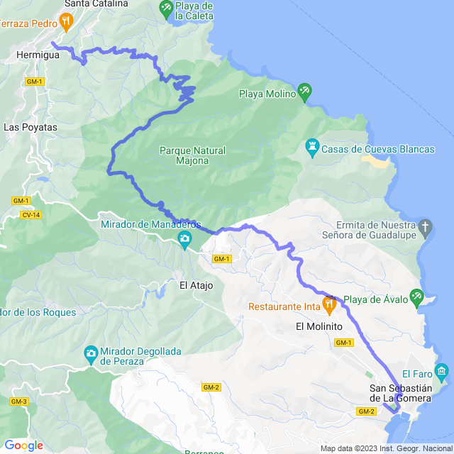 Hiking map of the trail footpath: Hermigua - Moralito - El Palmar - Enchereda - Laguerode - San Sebastián