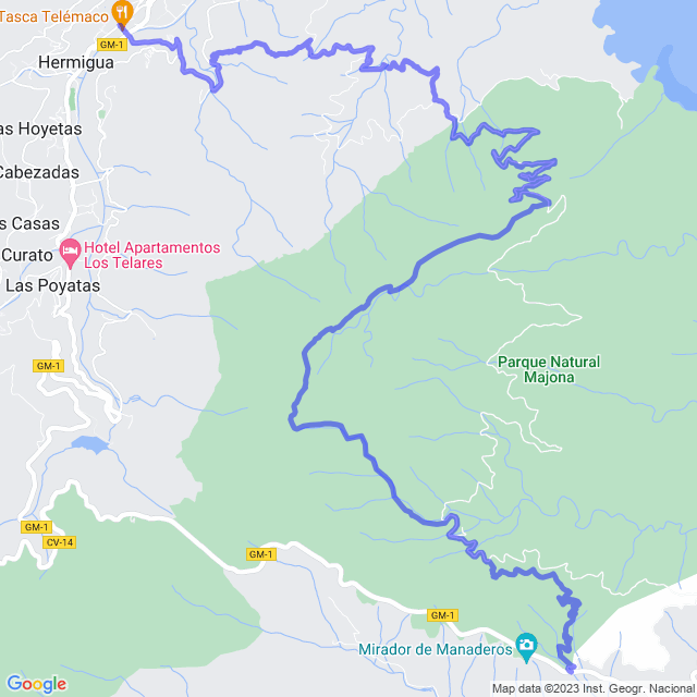Hiking map of the trail footpath: Hermigua - Moralito - El Palmar - Enchereda - Las Casetas
