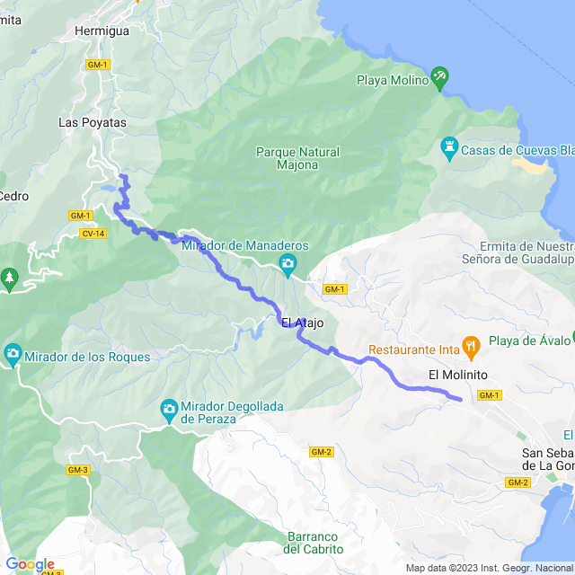 Hiking map of the trail footpath: Hermigua/Lo Machado - Las Carboneras - Aguajilva - San Bebastián/Hospital