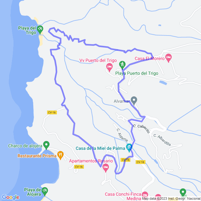Hiking map of the trail footpath: Alojera - Playa del Trigo - Alojera