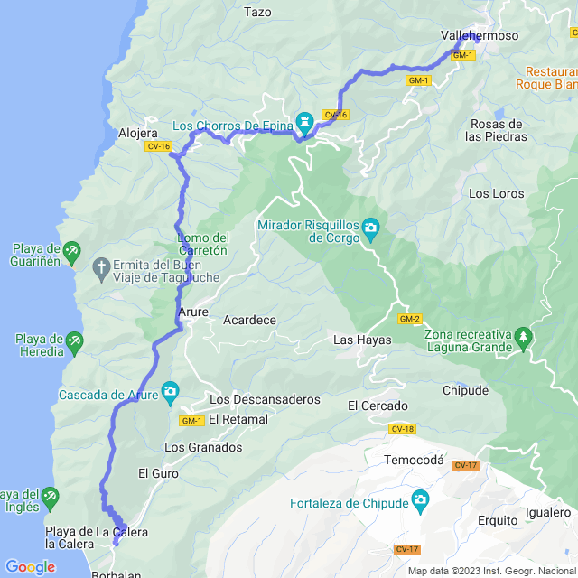 Carte du sentier de randonnée: Vallehermoso - Chorros de Epina - Alojera - Arure - Valle Gran Rey