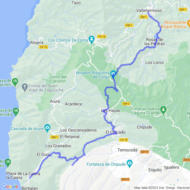 Mapa del sendero: Vallehermoso - La Encantadora - Las Creces - Las Hayas - El Cercado - Ermita de Guará - Chele