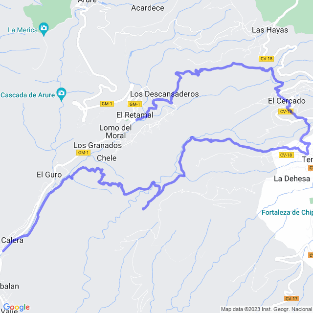 Carte du sentier de randonnée: Valle Gran Rey/Lomo de Balo - Las Hayas - El Cercado - Chipude - Ermita de Guará - Chele - VG