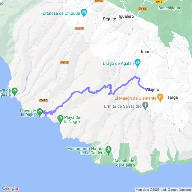 Hiking map of the trail footpath: La Dama - Arguayoda - La Manteca - Los Almácigos - Alajeró