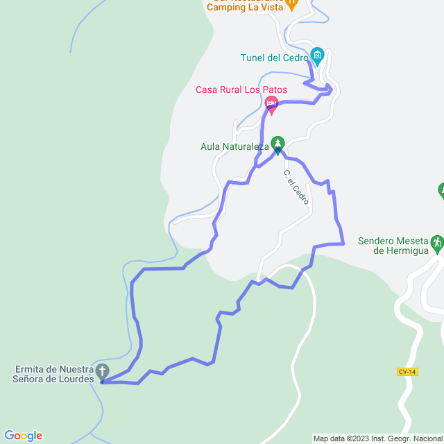 Mapa del sendero: Parque/El Cedro - Ermita de Lourdes - Sendero de los políticos - Aula de la Naturaleza - El C