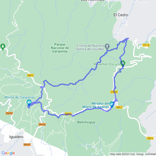 Carte du sentier de randonnée: Parque/Contadero - Alto de Garajonay - Pajaritos - Reventón Oscuro - Ermita de Lourdes - Cont