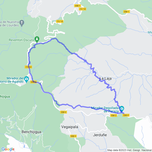 Hiking map of the trail footpath: San Seb/La Laja - Bailadero - Agando - Ermita de Las Nieves _ Degollada de Peraza - La Laja